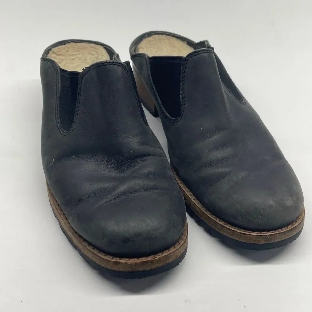 UGG Australia Womens 8.5 Leather Black Mules Clogs Sheepskin Lined Slip-on Shoes